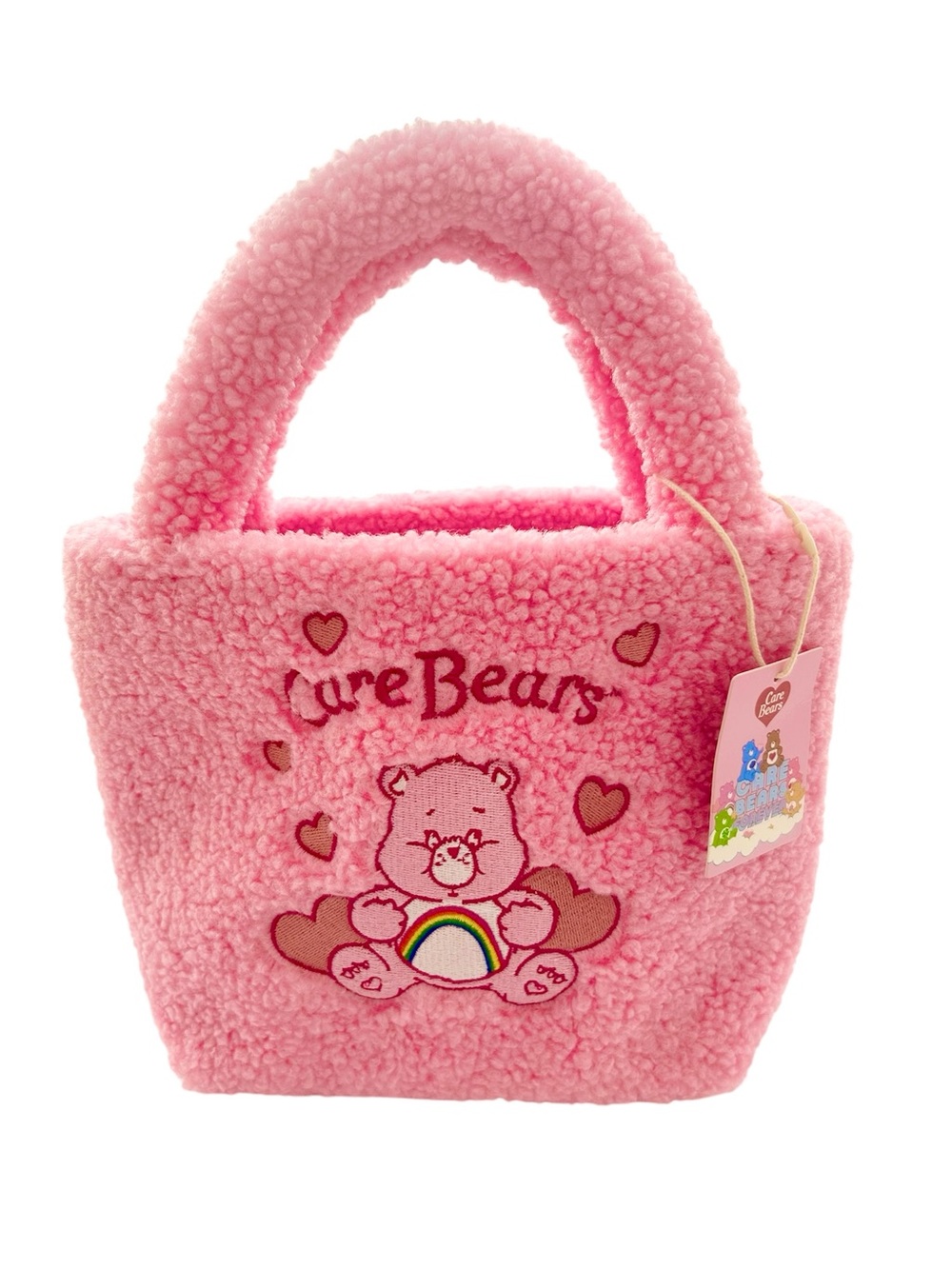 NWT Miniso Cheer Bear Appliqué Pink Sherpa Pile Bag With Short Handles Wms/ Kids
